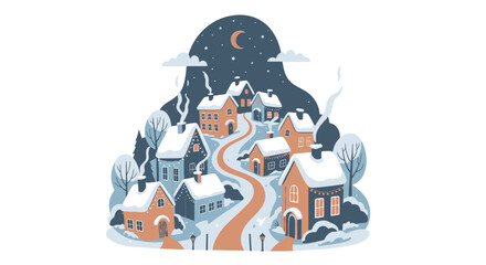 Quaint snow-covered village at night, winding road, cozy houses, winter scene.