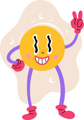 A yellow circle character with purple limbs and pink boots