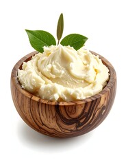 Creamy spread in a wooden bowl, garnished with leaves
