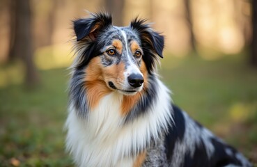 Fototapeta premium Close up portrait of blue merle Shetland Sheepdog, collie breed sitting outdoors in daytime sun. Cute, adorable, beautiful, attractive dog with fluffy fur enjoys nature. Purebred mammal looks