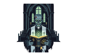 Undead Priest in Gothic Sanctuary: A chilling depiction of an undead priest, a spectral figure in tattered vestments, illuminated by the eerie glow of an ancient book.