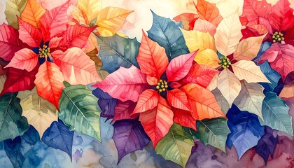 Vibrant poinsettia blossoms in a watercolor painting