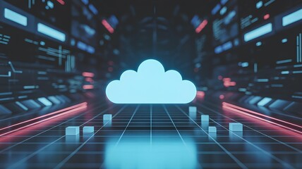 Digital Informational Technology Web Futuristic Hologram with Cloud Icon, Blue Golden Light Digits and Code Background, Cloud Computing Abstract Motion of Digital Data Flow for Cyber Security and Netw