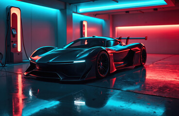 Naklejka premium Futuristic electric car in neon garage. Sleek design auto charges on station, reflecting red blue light on wet floor. Eco friendly vehicle of future generation.