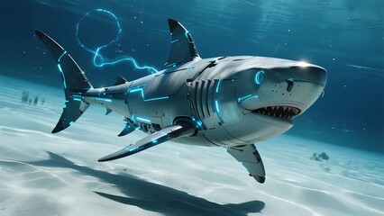 Naklejka premium Cybernetic shark with glowing blue circuits swimming underwater
