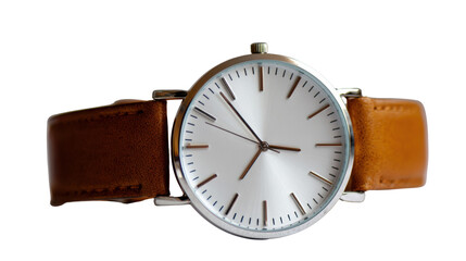 Minimalist Wristwatch with Brown Leather Strap on white Background