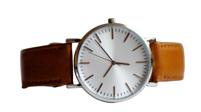 Minimalist Wristwatch with Brown Leather Strap on white Background