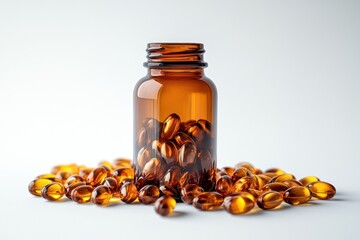 Fish oil capsules in a glass bottle on a white background close up