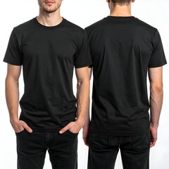 Two black t-shirts on men, front and back view