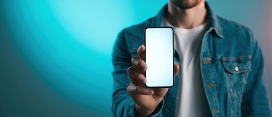 The smartphone held by a casually dressed man against a vibrant teal background