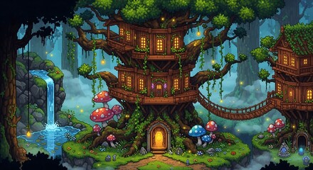 Obraz premium Enchanting Pixels A Magical Forest Treehouse Village with Waterfalls and Giant Mushrooms, a Pixel Art Masterpiece