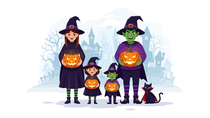 A Halloween Gathering of Witches and Pumpkins: A family of witches, complete with pointy hats and carved pumpkins, gather against the backdrop of a haunted house.