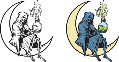 skeleton alchemist seated on a crescent moon vector illustration