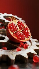A halved pomegranate with vibrant red seeds rests on a metallic gear, surrounded by scattered arils against a deep red background.