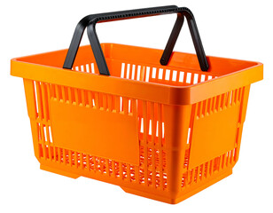 Bright orange plastic shopping basket with black handles, rectangular shape, and vertical ribbed sides