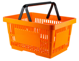 Bright orange plastic shopping basket with black handles, rectangular shape, and vertical ribbed sides