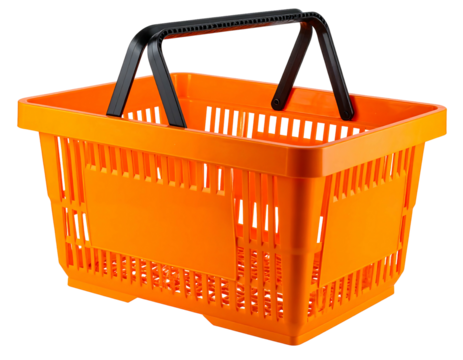 Bright orange plastic shopping basket with black handles, rectangular shape, and vertical ribbed sides