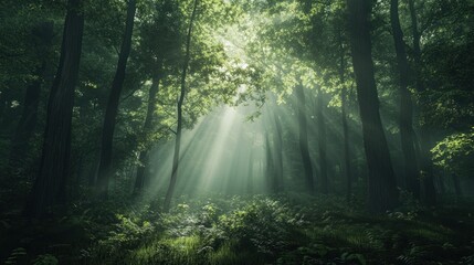 Fototapeta premium Dark wood forest background sunlight green trees.