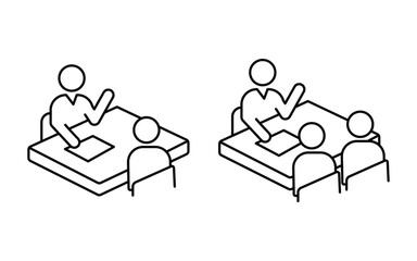 meeting with two and three people sitting around a square table in a conference room. business meeting icon communication. Business conference, planning, and presentation.