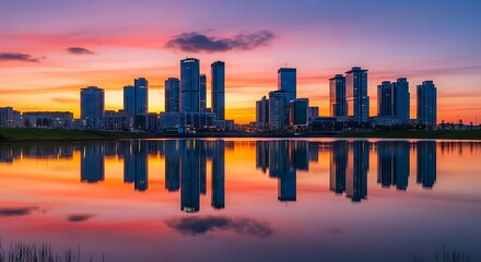 Obraz premium Striking Cityscape Reflection at Sunset - A Symphony of Colors and Urban Beauty.