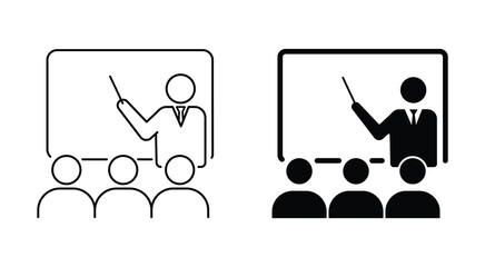 Education and learning solid or line icon set. seminar classroom training, team discussion, icon. 
