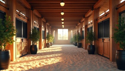 Rustic horse stable interior features wood design, sand floor, natural light. Luxurious barn architecture, roomy stalls, doors, windows. Elegant country home provides tranquil, peaceful equestrian
