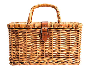Light brown wicker picnic basket with a leather-like handle and clasp