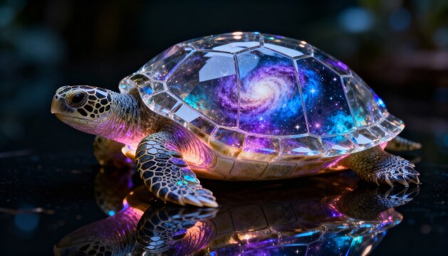 A fantastical turtle sculpture with a galaxy design on its shell, glowing.