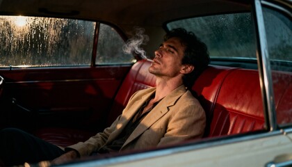 Man smoking in a vintage car on a rainy day, looking thoughtful