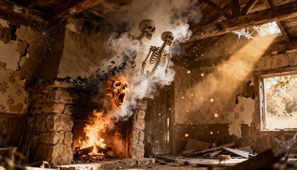 Two skeletons emerge from smoke and fire in a dilapidated abandoned house with sunlight streaming through a broken window