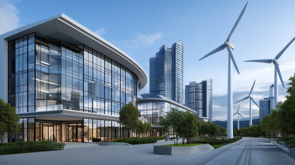 Modern architecture featuring sleek glass buildings and wind turbines in urban landscape, showcasing sustainability and innovation