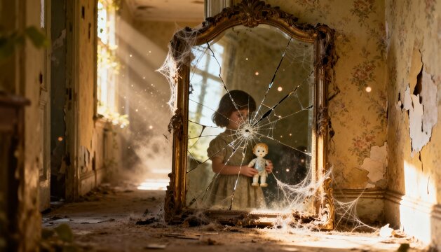 Young girl holding doll reflected in a cracked ornate mirror in abandoned room with sunbeams