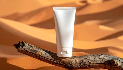 White tube of cream rests on a weathered branch in a desert landscape