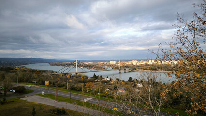 landscape by the Danube river in Novi Sad in autumn, with stormy clouds