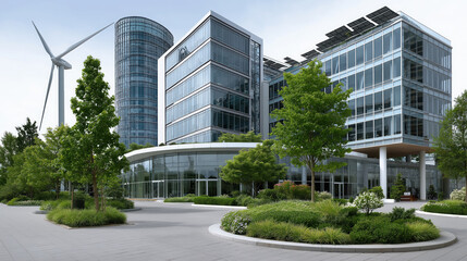 Modern office building with large glass windows, surrounded by greenery and trees, featuring wind turbine background, showcasing sustainable