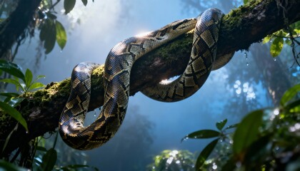 A large snake coiled around a moss-covered tree branch in a misty jungle environment.