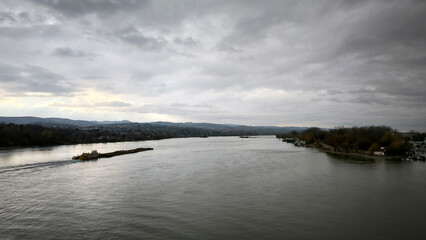 landscape by the Danube river in Novi Sad in autumn, with stormy clouds