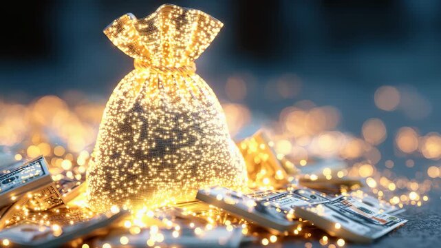 Digital money bag filled with cash surrounded by scattered dollar bills and twinkling lights in a creative setting at nighttime