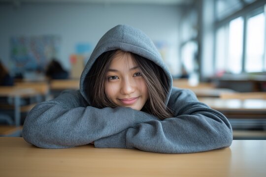 Tired Asian teenage girl in hoodie resting at school desk with gentle smile. Relaxed student leaning on arms in bright modern classroom during quiet moment - Powered by Adobe