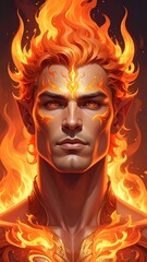 Close-up portrait of a fiery male figure