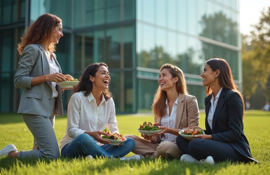 Business people take lunch break together outdoors. Women enjoy food on green grass near modern office building. Diverse colleagues relax, eat healthy salads, sandwiches, smile, talk, build teamwork, - Powered by Adobe