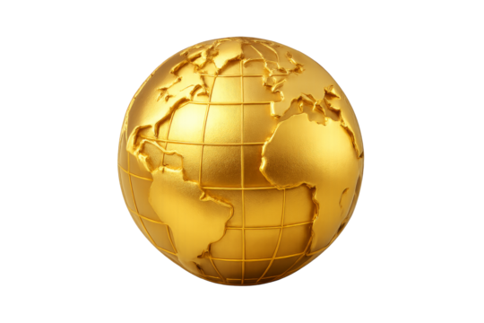 Golden World: A meticulously rendered golden globe, representing the earth, shines brilliantly against a pure background, perfect for global concepts and themes.