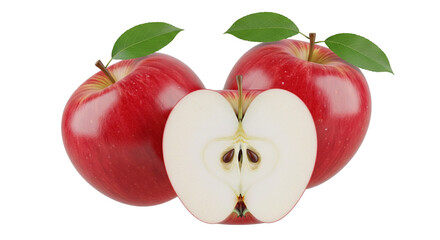 Isolated, red apples, one cut in half, showing the core and seeds, with green leaves atop