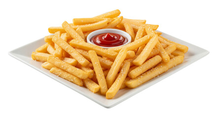 Isolated plate of salty French fries served with ketchup on a square plate for fast-food menus