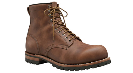 Isolated worn-out brown leather work boot with laces, rugged and durable footwear, studio shot