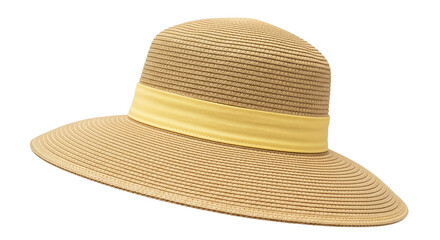 Isolated wide-brimmed straw hat with yellow band for women, fashion headwear, sunny vacation