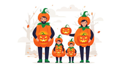 Family's Halloween: Festive Family Wearing Pumpkin Costumes and ready for a spooky Halloween. Celebrate seasonal traditions.