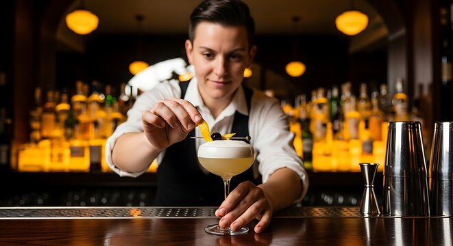 Bartender garnishes drink.