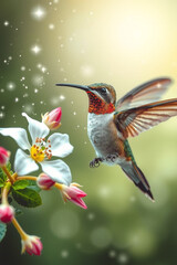 A hummingbird feeding on stardust blossoms