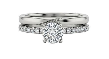 Isolated Two Wedding Rings with Center Round Diamond Set in Platinum or White Gold Metal